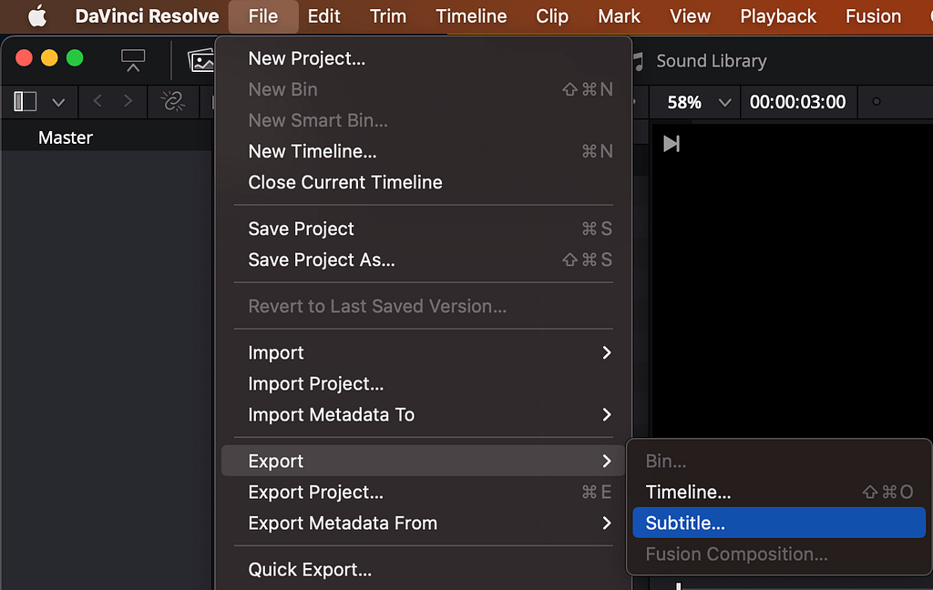 Resolve  - File - Export - Subtitle