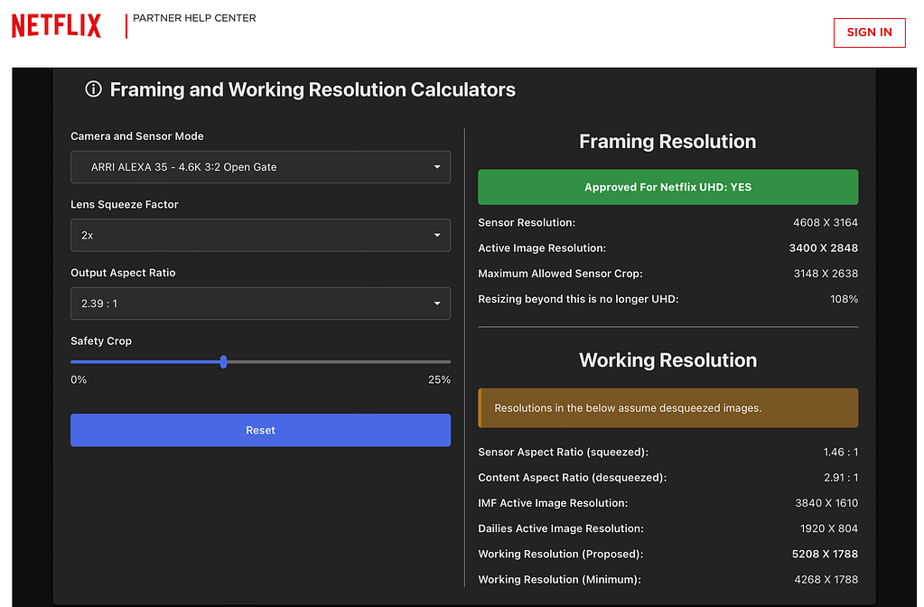 Netflix Framing and Working resolution Calculators