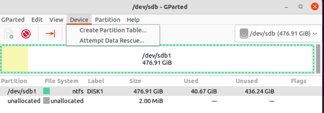 Gparted - Device -Create a partition table