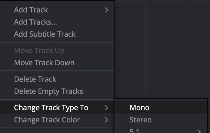 Resolve: Change Track to Mono